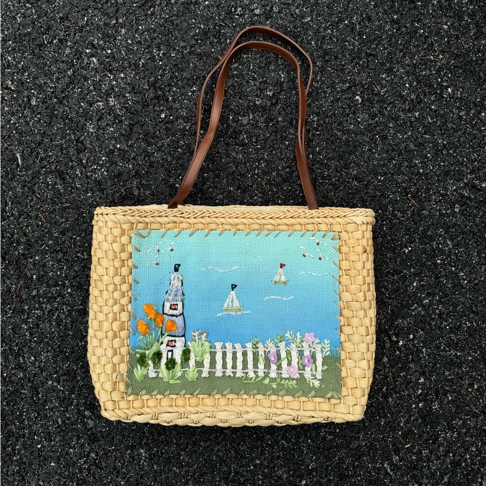 Capelli new york woven straw tote bag with beach scenery 🌊